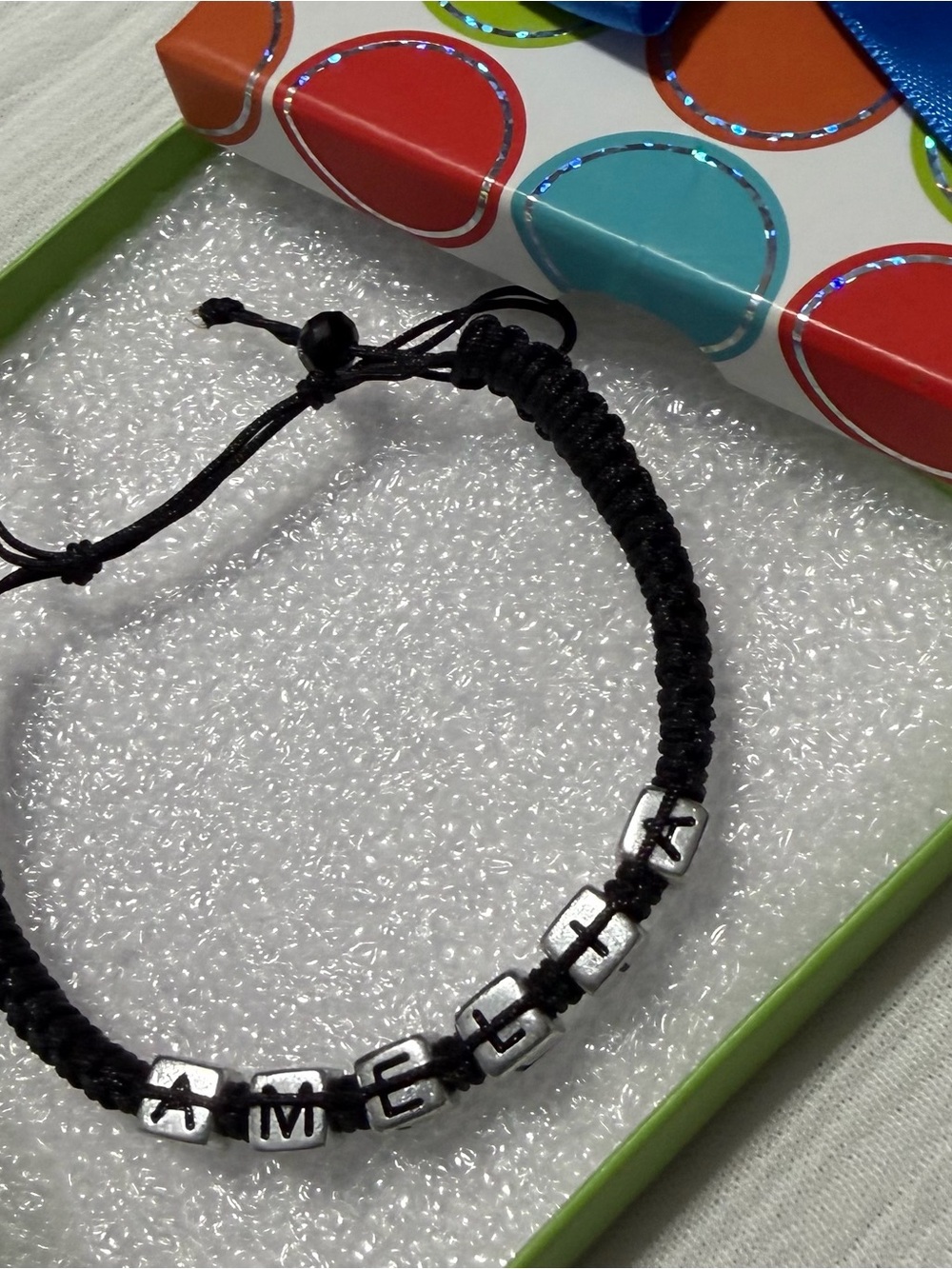 Adjustable Black Kids Bracelet with Silver Letter Beads - AMELIA